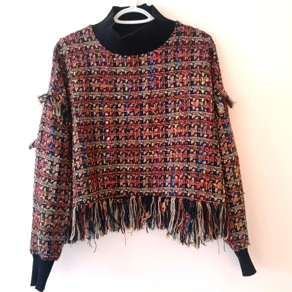 Sz S - Zara Tweed Long Sleeve Sweater with Fringe - Picture 2 of 3